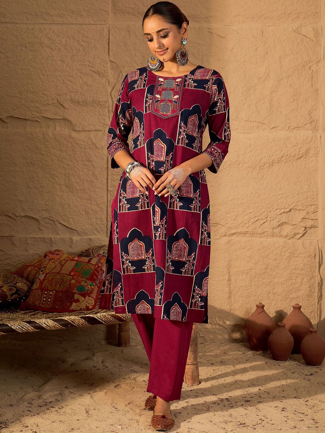 Women Ethnic Motifs Printed Regular Sequinned Pure Cotton Kurta with Trousers & With Dupatta
