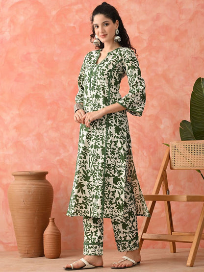 Dhiyona SN Women's Floral Printed Pure Cotton A-Line Kurta & Palazzo
