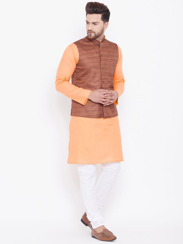 Men's Fawn Cotton Blend Straight Jacket  Kurta and Pyjama Set