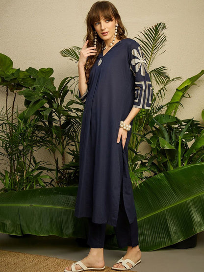 Dhiyona IE Embroidered Pure Cotton V-Neck Top With Trousers