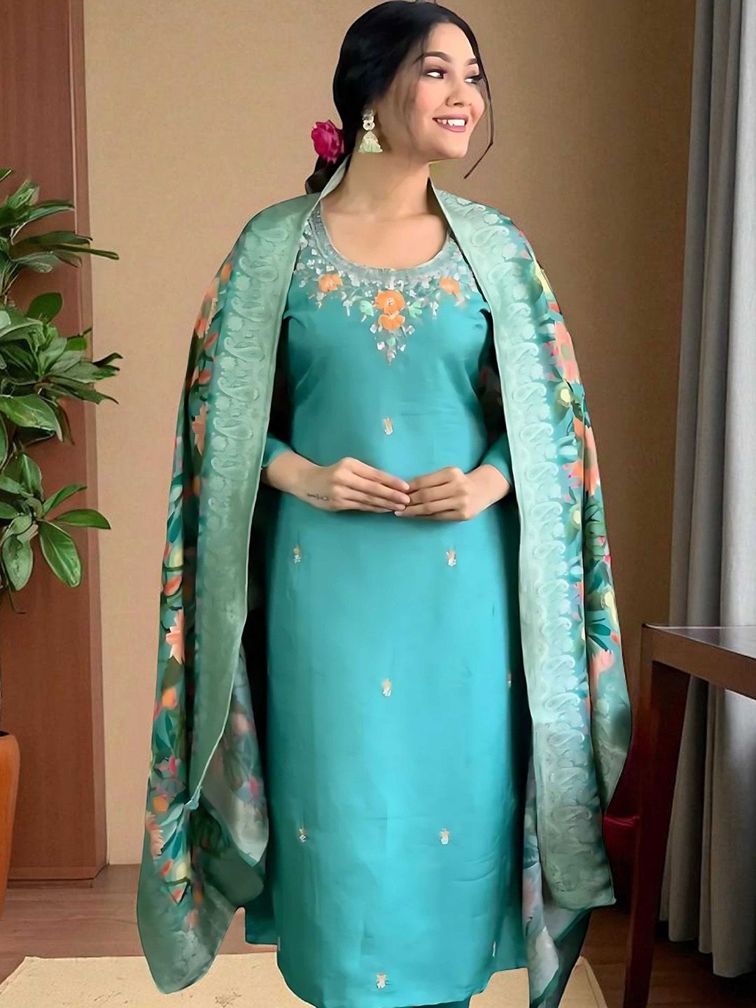 Dhiyona SN Women's Floral Embroidered Thread Work Straight Kurta With Trouser And Dupatta