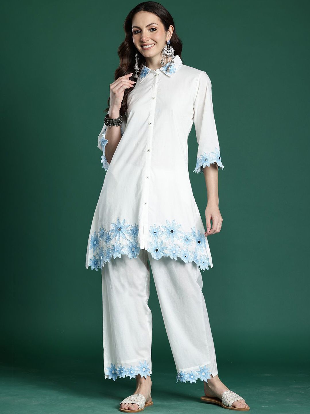 Dhiyona IE Embroidered Pure Cotton Shirt Collar Tunic With Trousers Co-Ords