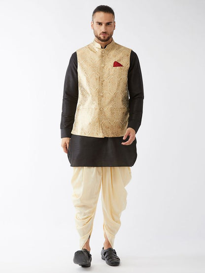 Men's Black Silk Blend Straight Jacket  Kurta and Dhoti Set