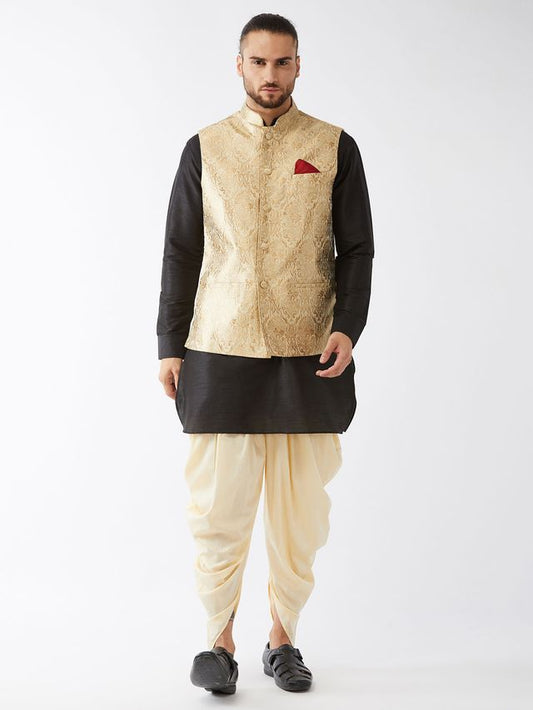 Men's Black Silk Blend Straight Jacket  Kurta and Dhoti Set