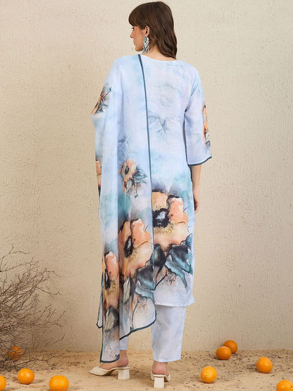 Dhiyona IE Floral Printed Beads And Stones Straight Kurta With Trousers & Dupatta