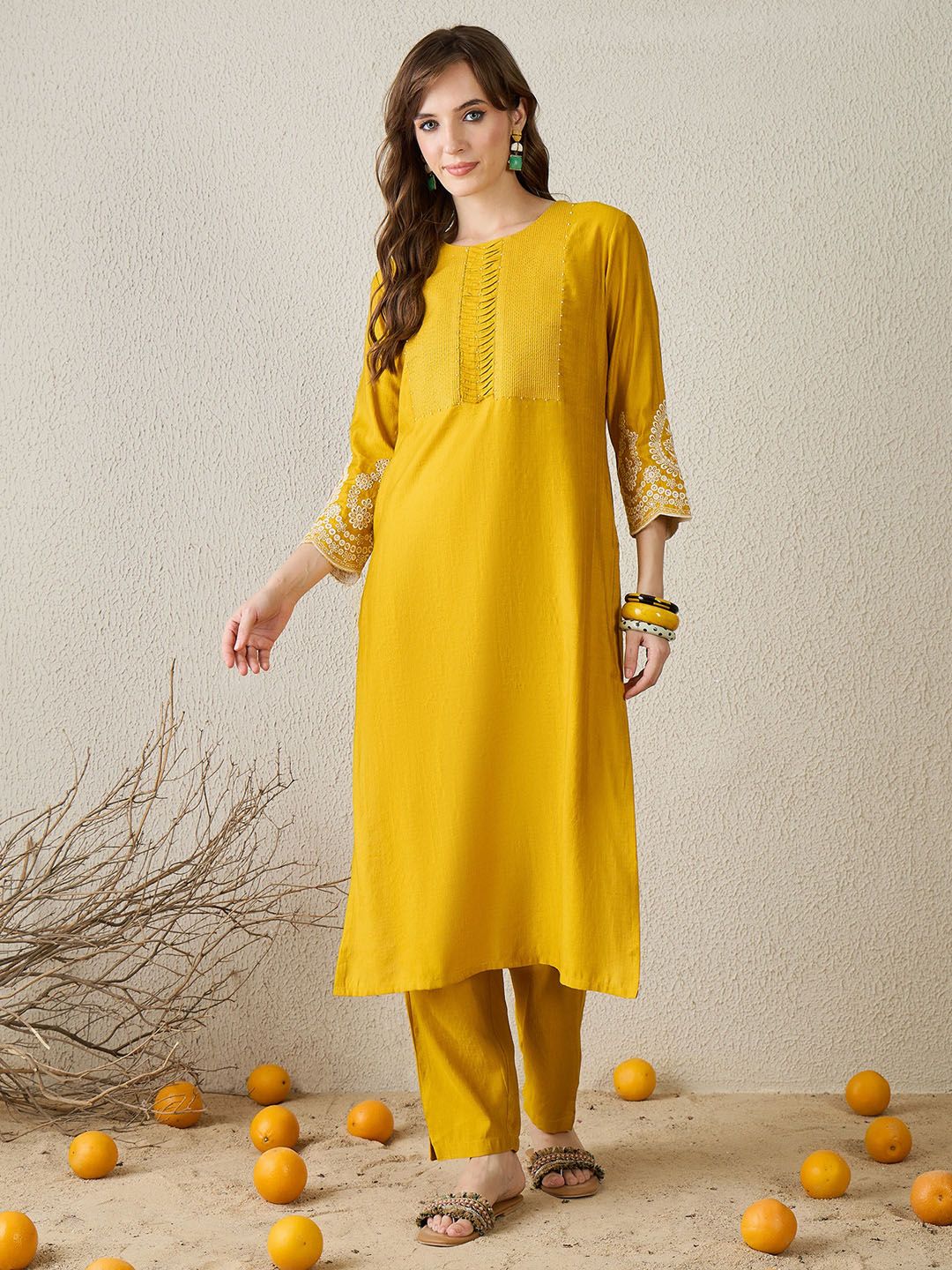 Women Mustard Ethnic Motifs Embroidered Regular Straight Kurta Sets