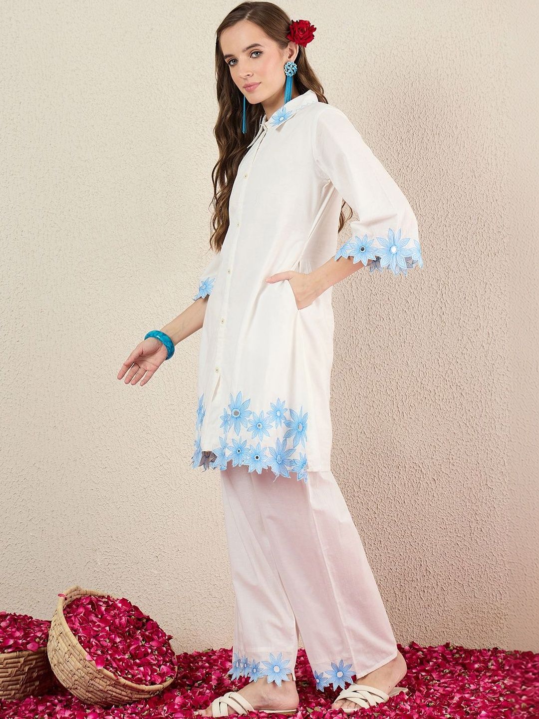Women Floral Embroidered Regular Thread Work Pure Cotton Kurta with Trousers