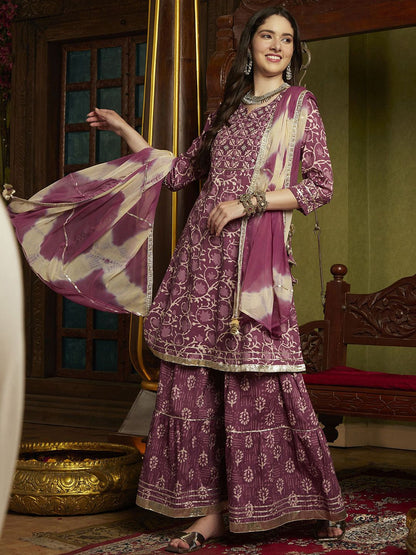Dhiyona SN Women's Purple Floral Printed Notch-Neck Pure Cotton A-Line Kurta With Sharara & Dupatta.