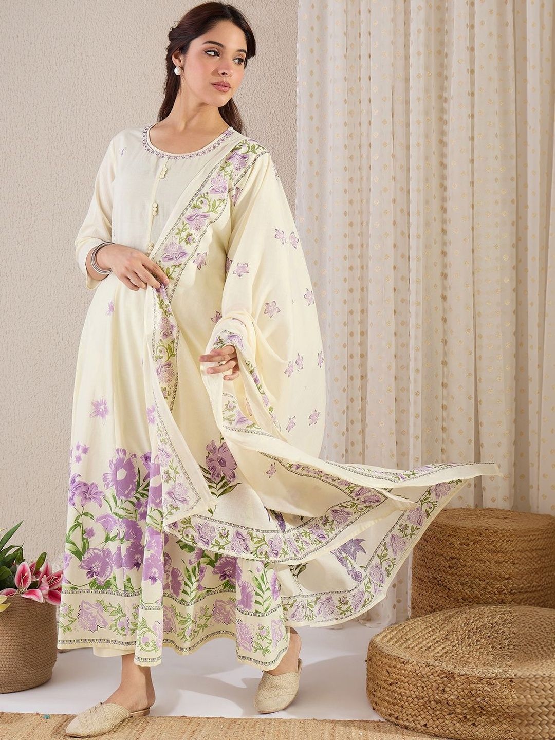 Women Floral Printed Empire Pure Cotton Kurta with Trousers & With Dupatta