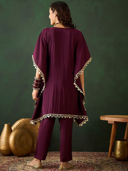 Dhiyona SN Women's Burgundy Geometric Embroidered V-Neck Mirror Work Kaftan With Trousers