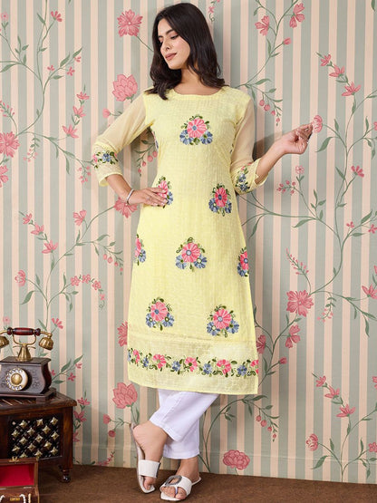 Dhiyona OD  Floral Embroidered Thread Work Floral Georgette Straight Kurta