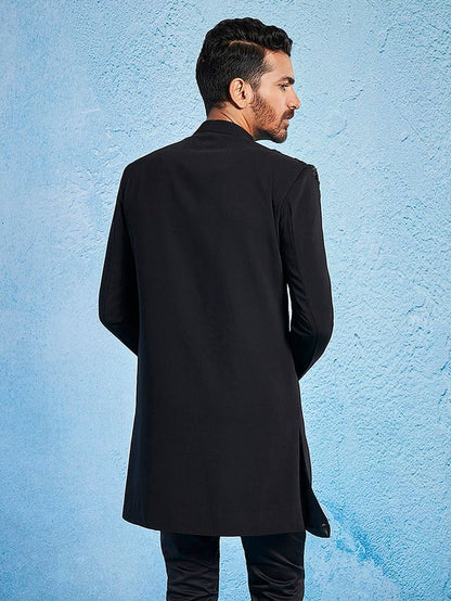 Men's Black Imported Suiting Lycra Straight Sherwani Only Top