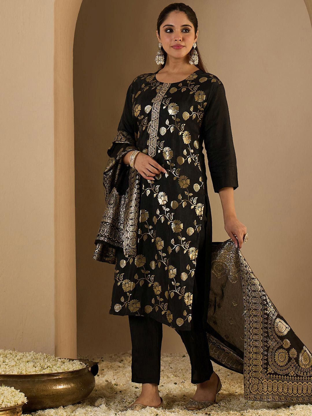 Floral Woven Design Straight Kurta With Trousers & Dupatta