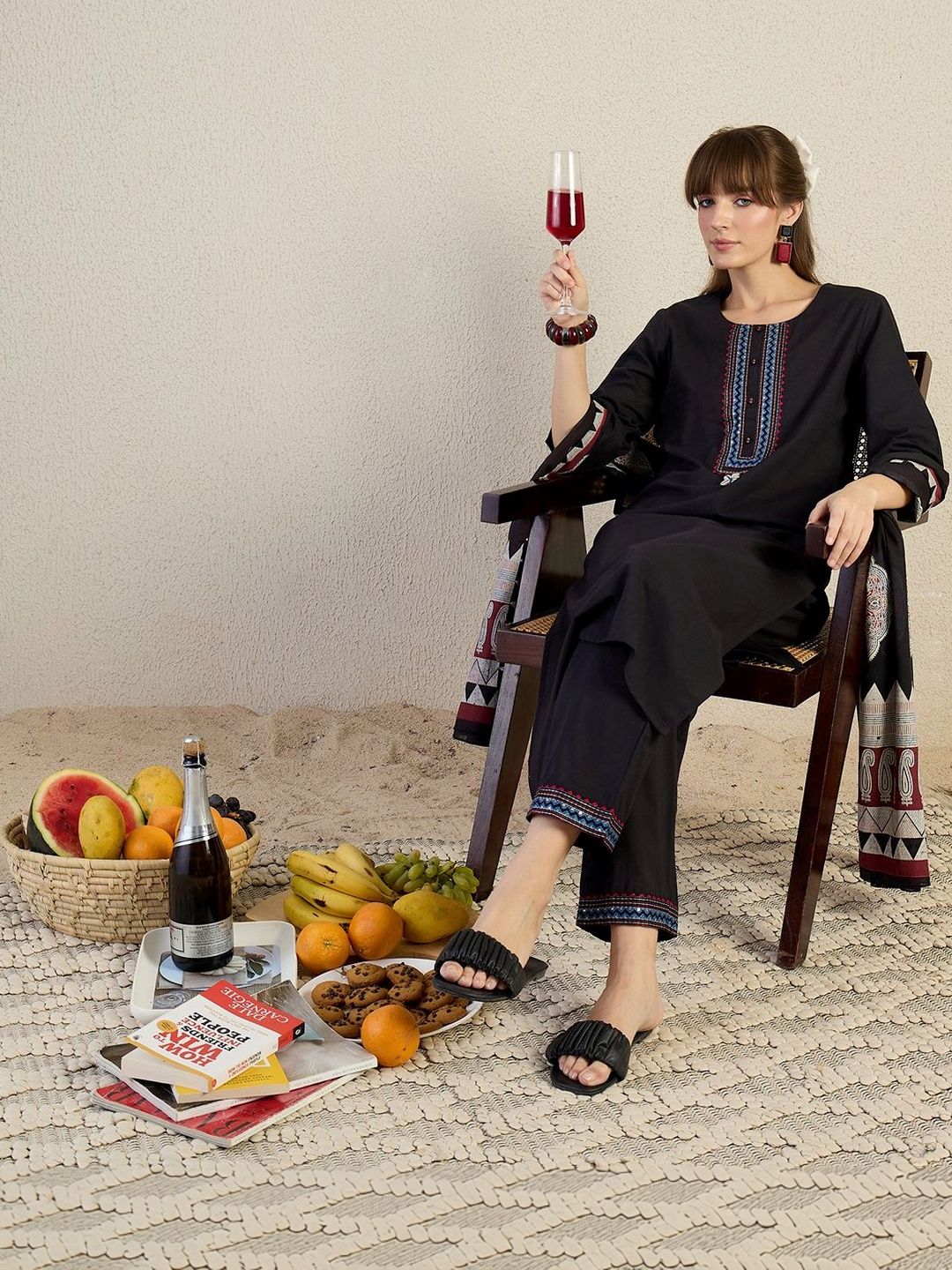 Women Ethnic Motifs Embroidered Regular Thread Work Pure Cotton Kurta with Trousers & With Dupatta