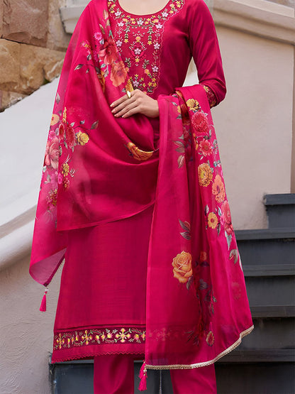 Dhiyona VA Women'sFloral Yoke Design Thread Work Straight Kurta With Trouser And Dupatta