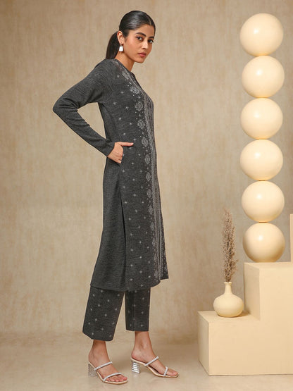 Dhiyona SO Women's Charcoal Floral Woven Design Mandarin Collar Acrylic Straight Kurta With Trouser