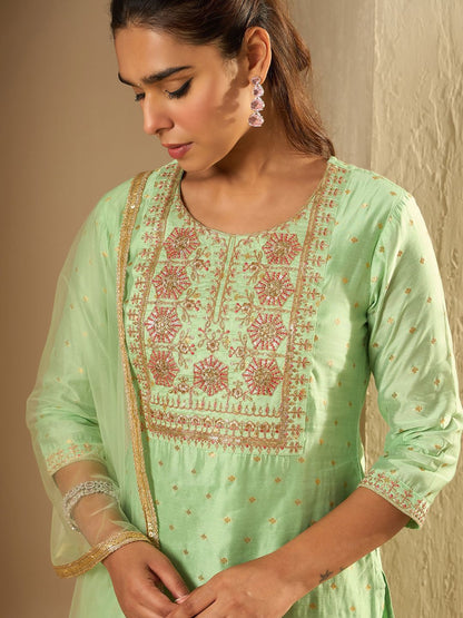 Dhiyona IE Floral Embroidered Chanderi Silk Straight Kurta With Trousers & Dupatta