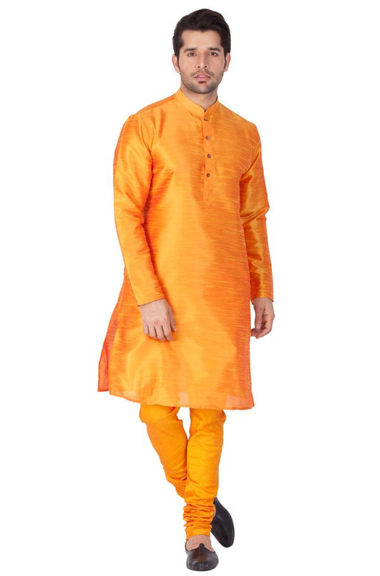 Men's Orange Silk Blend Straight Kurta Pyjama Set