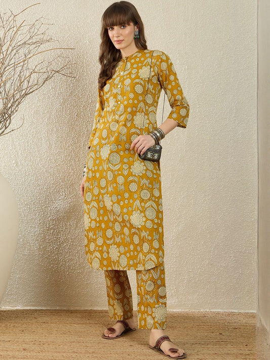 Dhiyona IE Printed Mandarin Collar Pure Cotton Top With Trousers