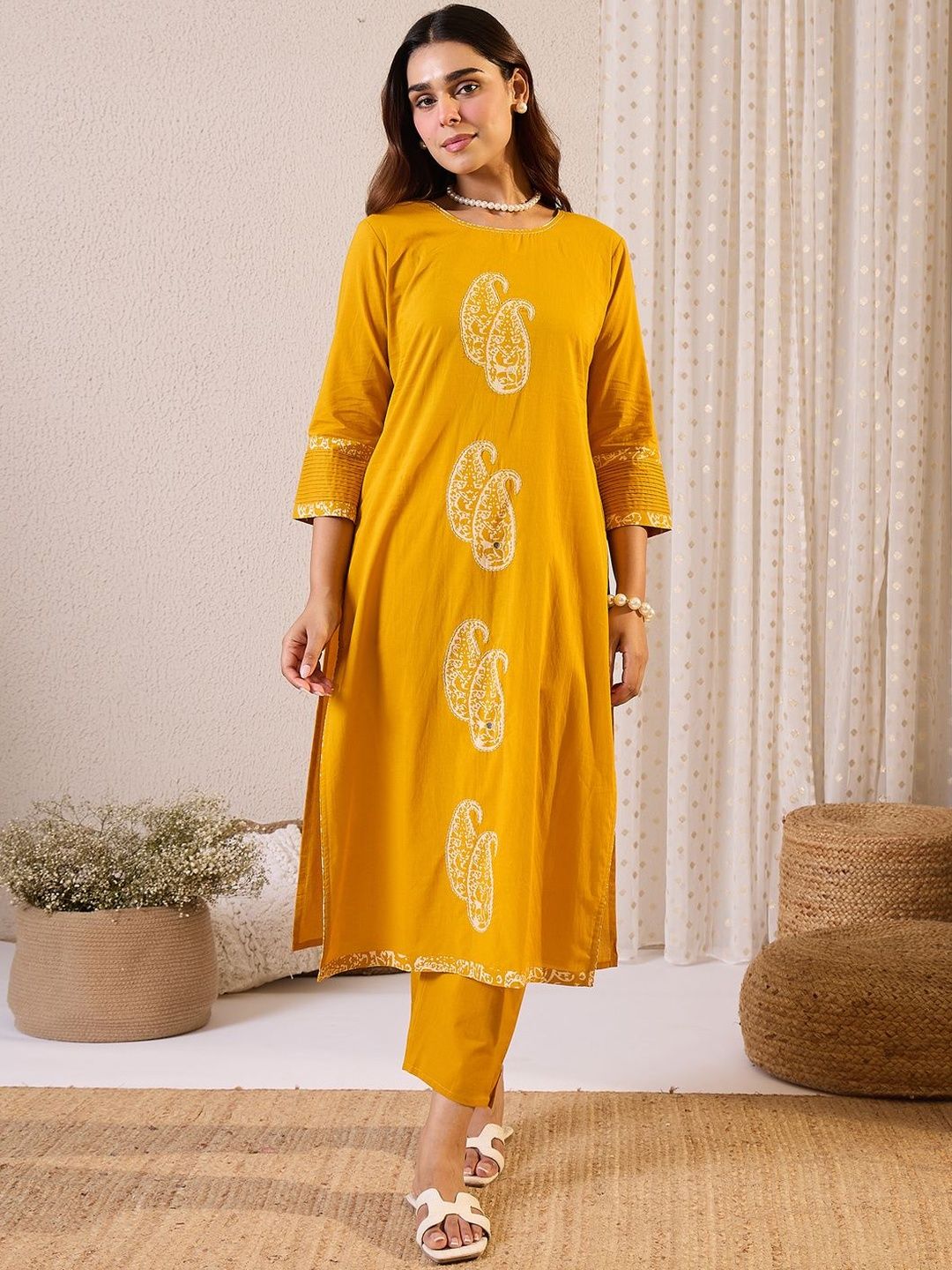Paisley Printed Thread Work Pure Cotton Straight Kurta & Trousers With Dupatta