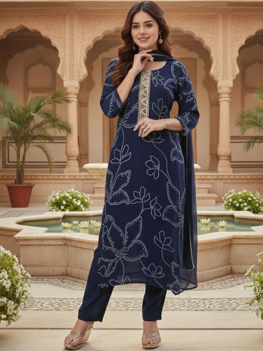 Dhiyona KL Women Floral Printed Regular Thread Work Kurta with Trousers & With Dupatta