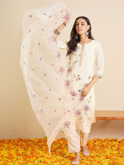 Women Floral Embroidered Regular Thread Work Kurta with Trousers & With Dupatta