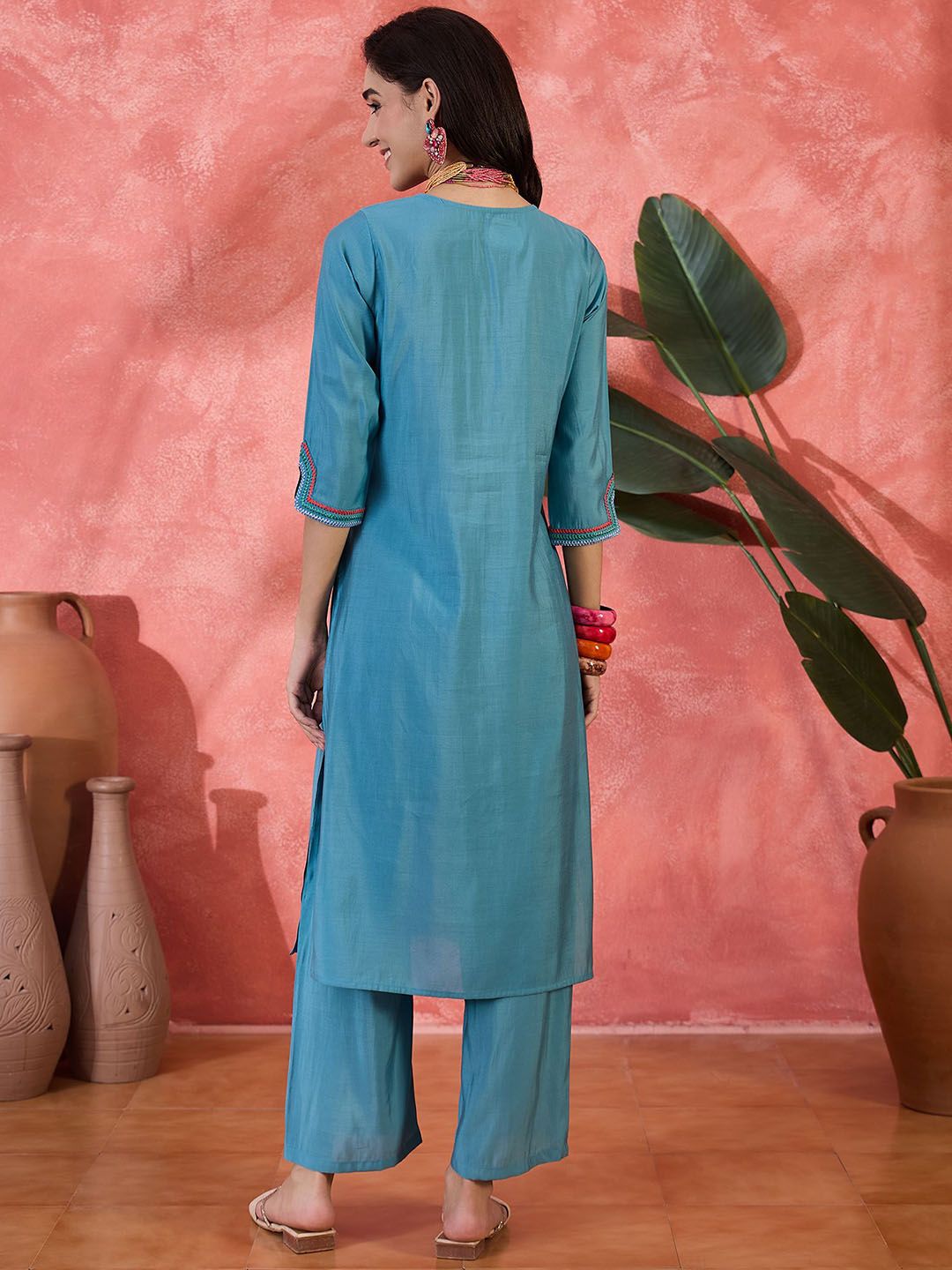 Dhiyona SN Women's Floral Yoke Design Notch Neck Sequinned Straight Kurta With Trouser