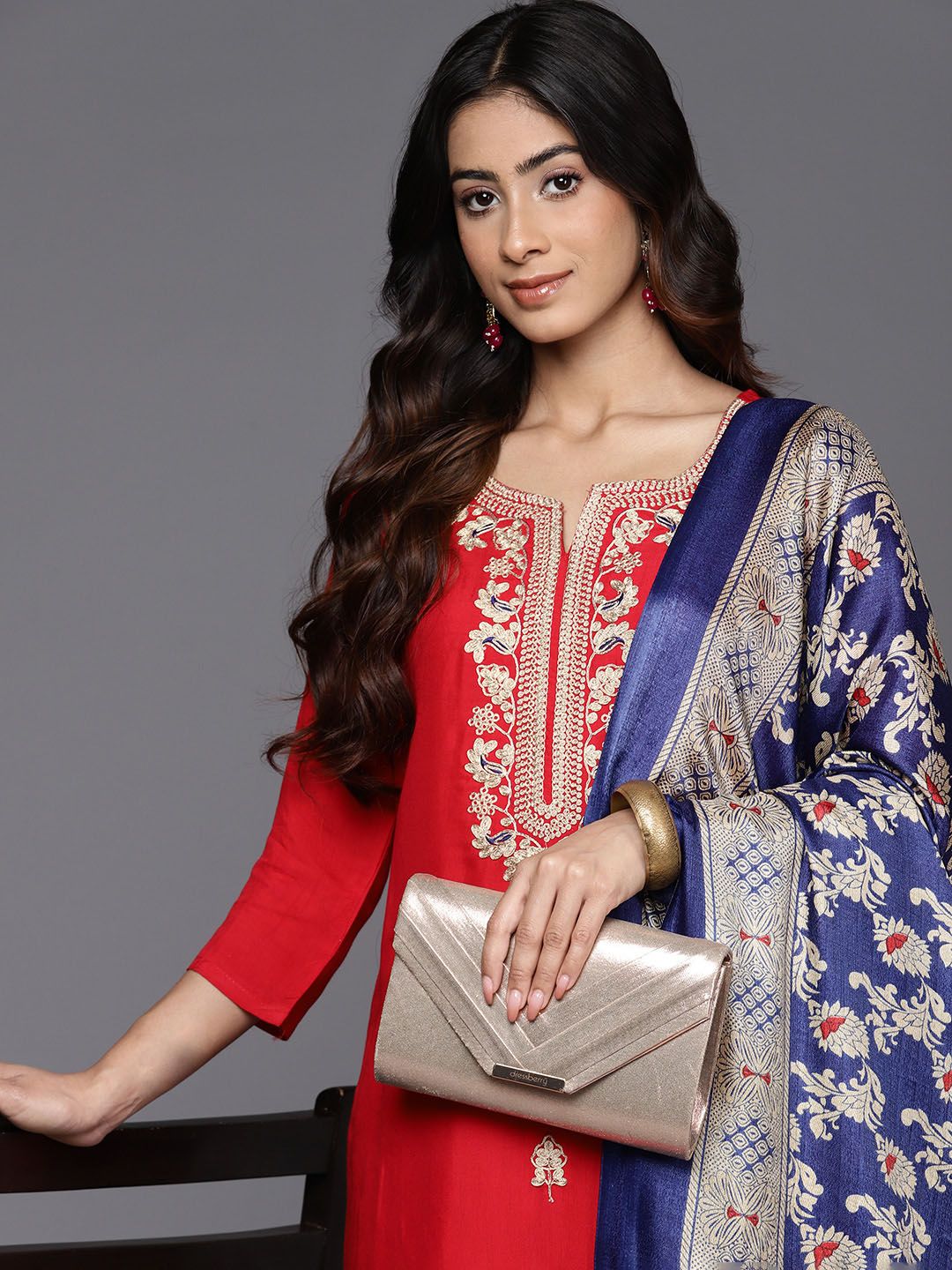 Dhiyona VA Women'sRed Paisley Embroidered Regular Straight Kurta With Trouser With Dupatta