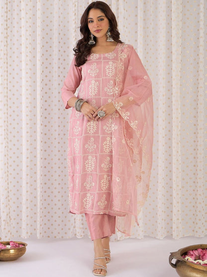 Ethnic Motifs Embroidered Regular Thread Work Kurta With Trouser And Dupatta