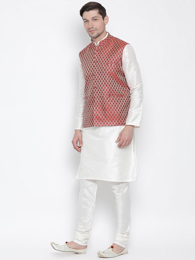 Men's Cream Silk Blend Straight Jacket  Kurta and Pyjama Set