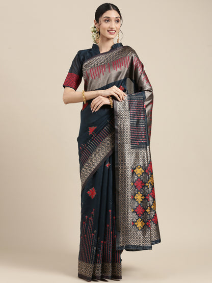Women's Silk Blend Teal blue Woven Design Designer Saree With Blouse Piece