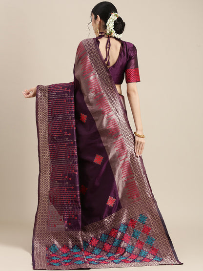 Women's Silk Blend Purple Woven Design Designer Saree With Blouse Piece
