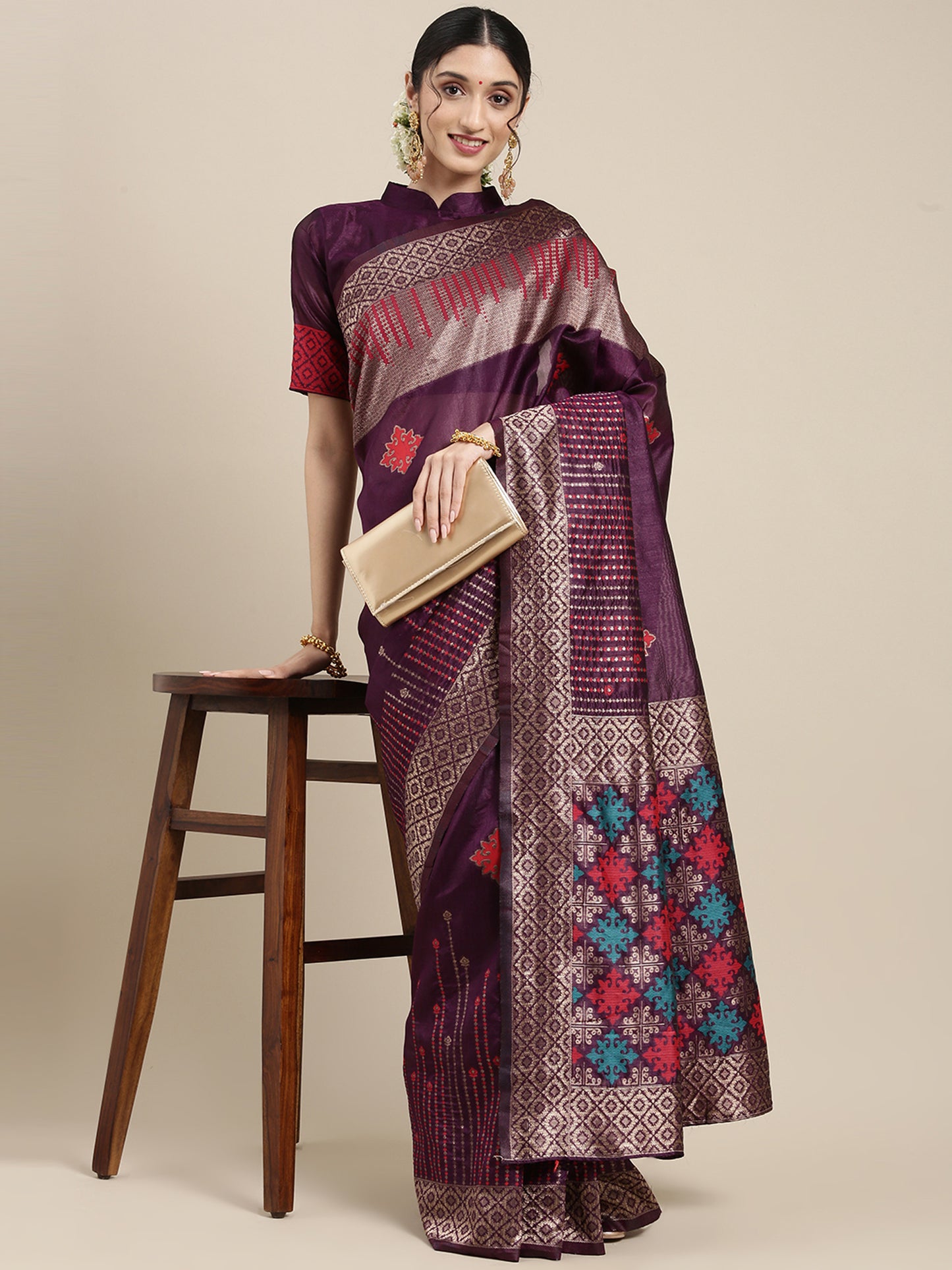Women's Silk Blend Purple Woven Design Designer Saree With Blouse Piece