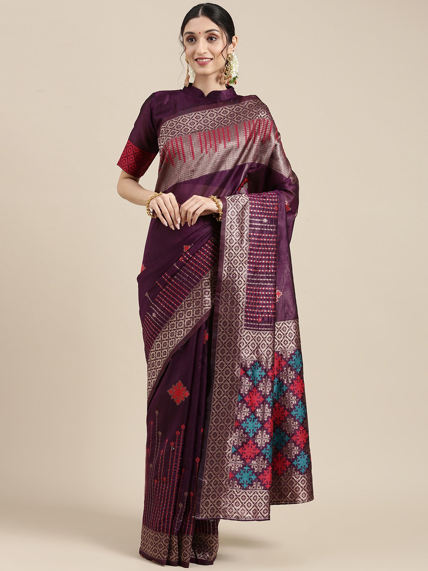 Women's Silk Blend Purple Woven Design Designer Saree With Blouse Piece
