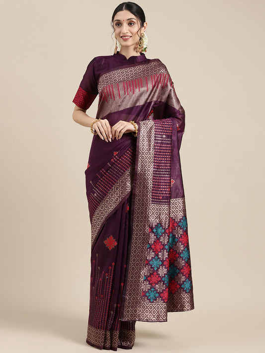 Women's Silk Blend Purple Woven Design Designer Saree With Blouse Piece