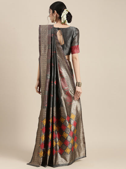 Women's Silk Blend Grey Woven Design Designer Saree With Blouse Piece