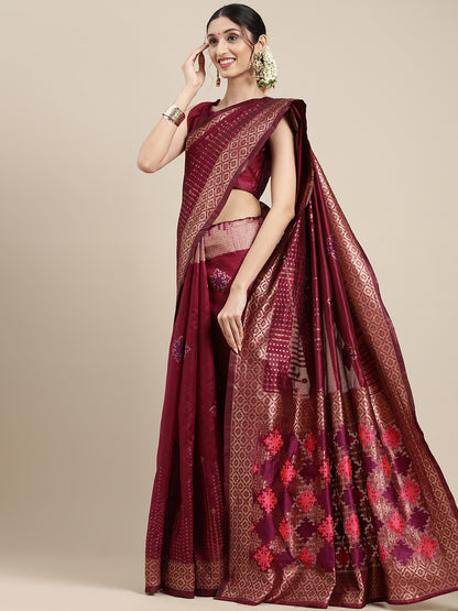 Women's Silk Blend Magenta Woven Design Designer Saree With Blouse Piece