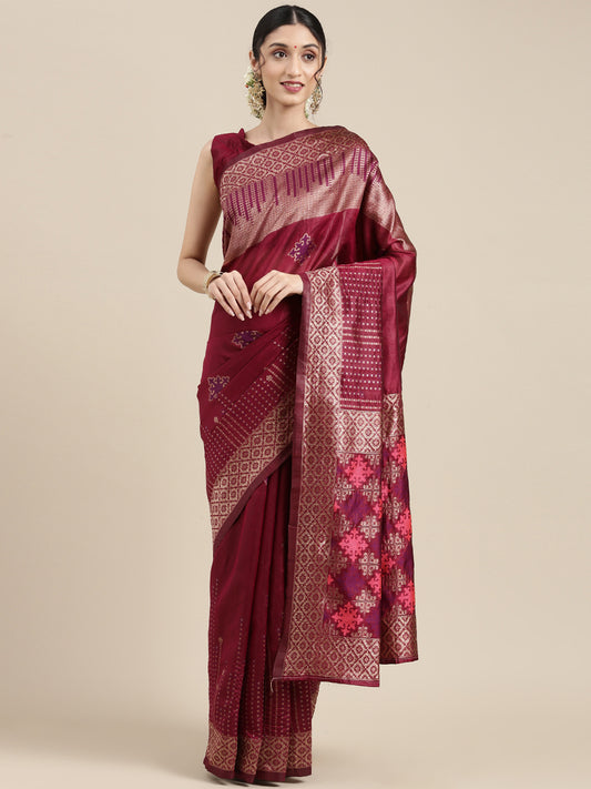 Women's Silk Blend Magenta Woven Design Designer Saree With Blouse Piece