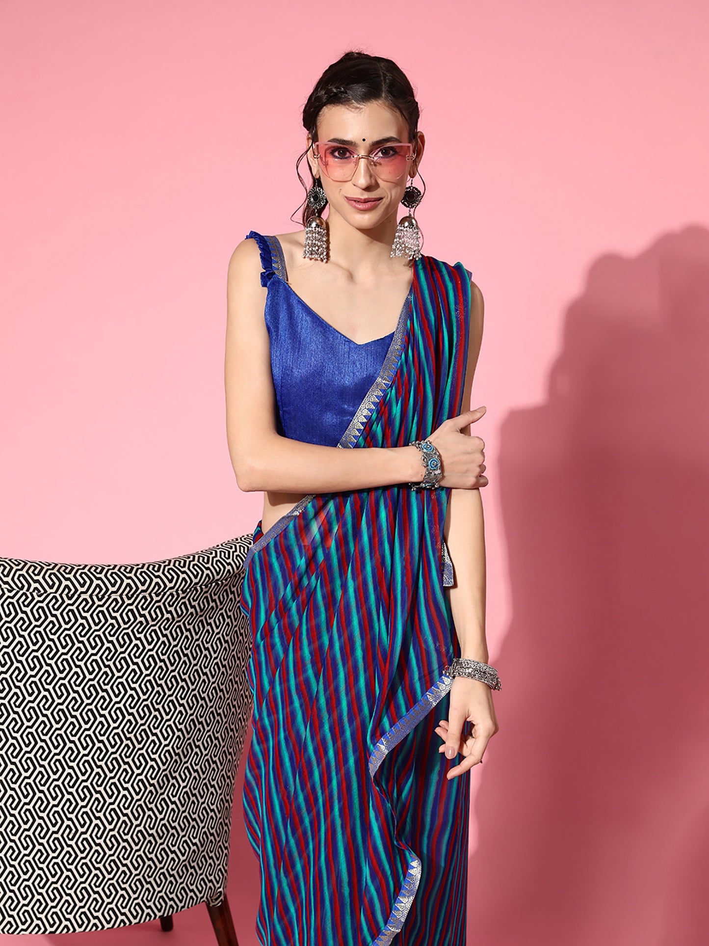 Women's Chiffon Blue Printed Celebrity Saree With Blouse Piece