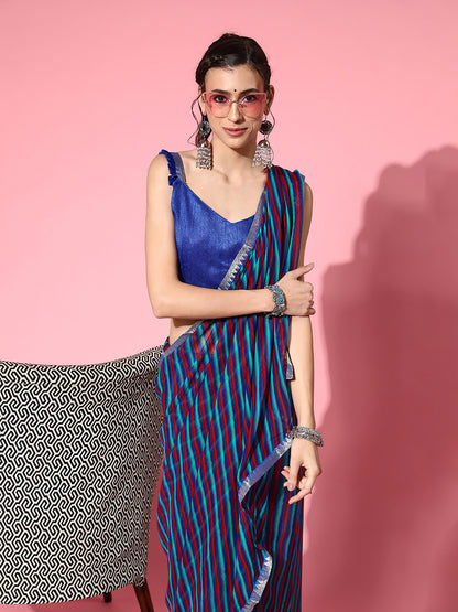 Women's Chiffon Blue Printed Celebrity Saree With Blouse Piece