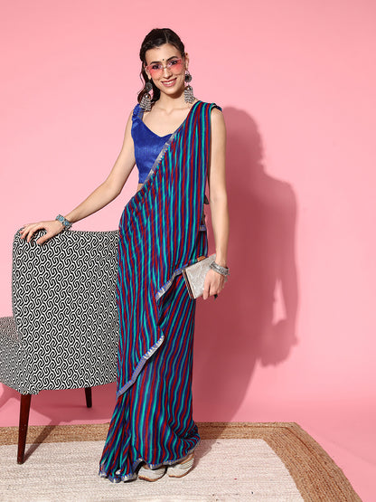 Women's Chiffon Blue Printed Celebrity Saree With Blouse Piece