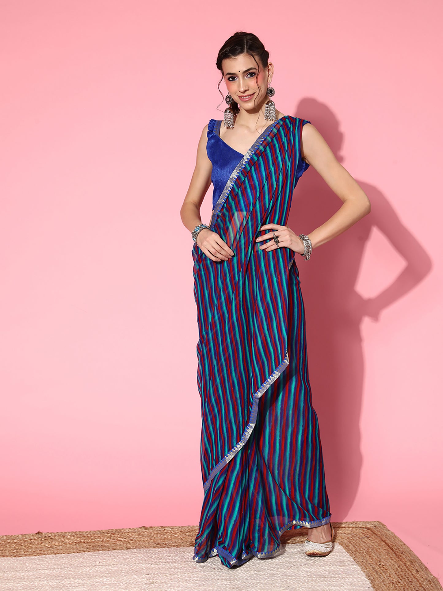 Women's Chiffon Blue Printed Celebrity Saree With Blouse Piece