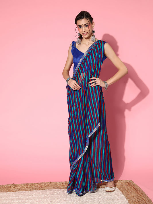 Women's Chiffon Blue Printed Celebrity Saree With Blouse Piece