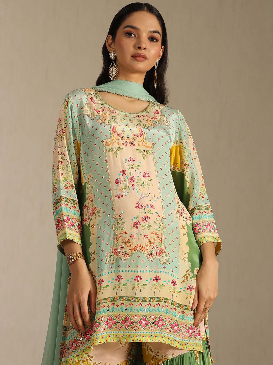 Dhiyona SO Women's Floral Printed Mirror Work Straight Kurta With Sharara & With Dupatta