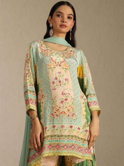 Dhiyona SO Women's Floral Printed Mirror Work Straight Kurta With Sharara & With Dupatta