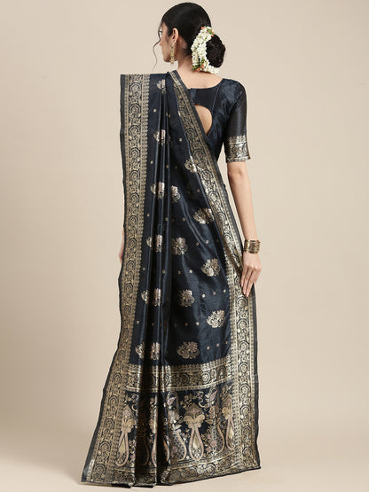Women's Silk Blend Grey Woven Design Celebrity Saree With Blouse Piece
