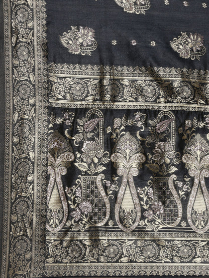 Women's Silk Blend Grey Woven Design Celebrity Saree With Blouse Piece