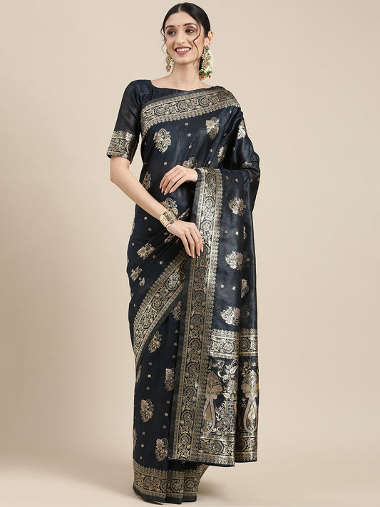 Women's Silk Blend Grey Woven Design Celebrity Saree With Blouse Piece