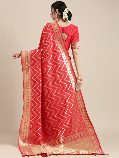 Women's Silk Blend Red Woven Design Celebrity Saree With Blouse Piece