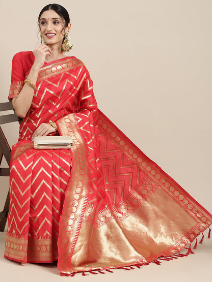 Women's Silk Blend Red Woven Design Celebrity Saree With Blouse Piece